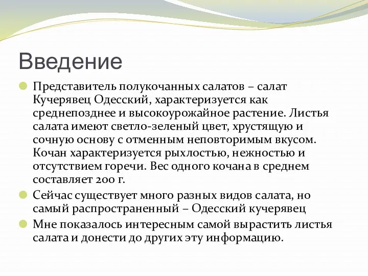 Введение Представитель полукочанных салатов – салат Кучерявец Одесский, характеризуется как