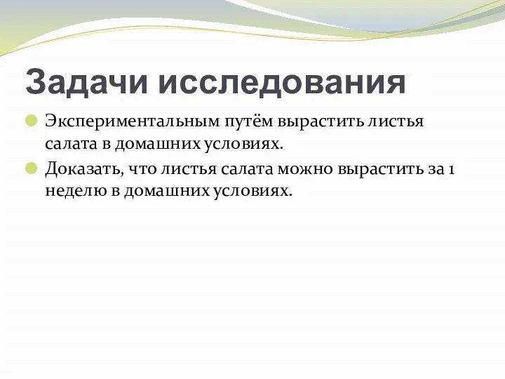 Задачи исследования Экспериментальным путём вырастить листья салата в домашних условиях.