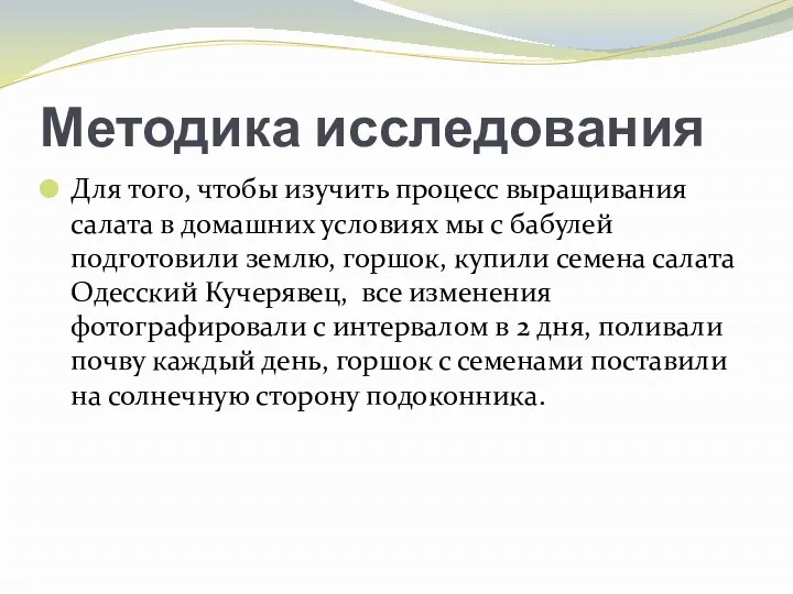 Методика исследования Для того, чтобы изучить процесс выращивания салата в