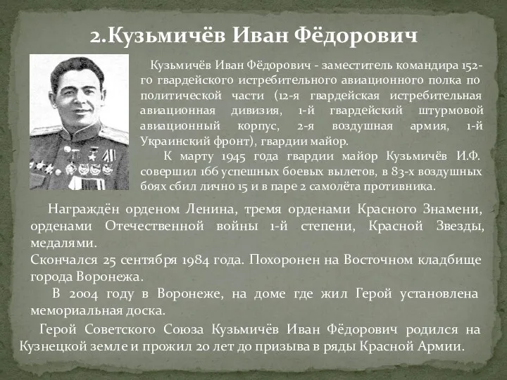Кузьмичёв Иван Фёдорович - заместитель командира 152-го гвардейского истребительного авиационного полка по политической