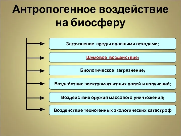 Антропогенное воздействие на биосферу Загрязнение среды опасными отходами; Шумовое воздействие; Биологическое загрязнение; Воздействие