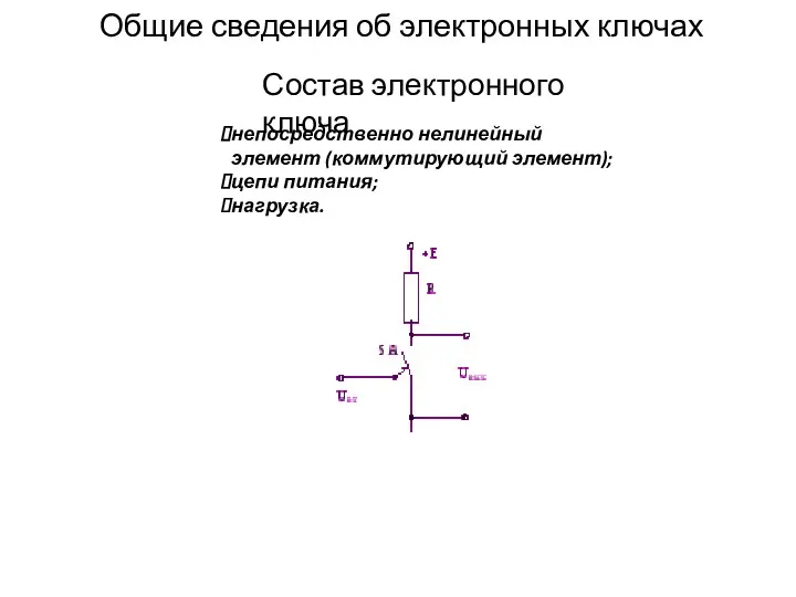 Общие сведения об электронных ключах Состав электронного ключа непосредственно нелинейный элемент (коммутирующий элемент); цепи питания; нагрузка.