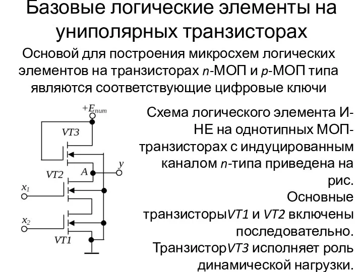 Базовые логические элементы на униполярных транзисторах Основой для построения микросхем