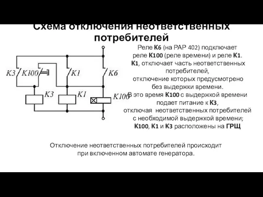 Схема отключения неответственных потребителей Реле К6 (на РАР 402) подключает реле К100 (реле