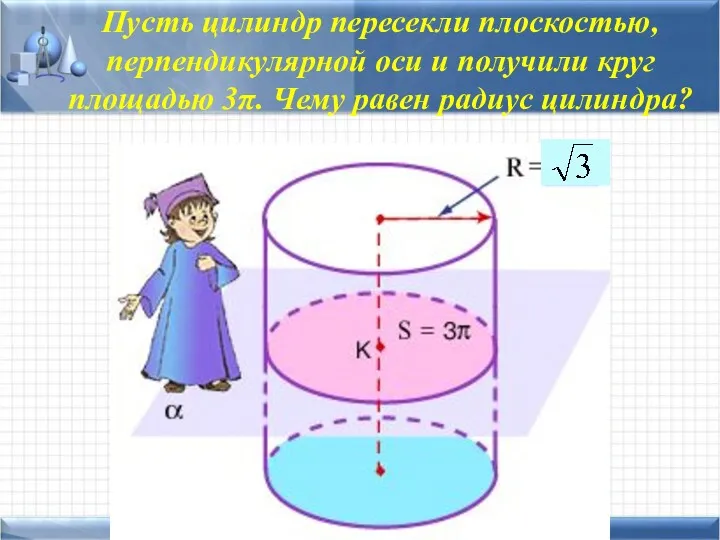 Пусть цилиндр пересекли плоскостью, перпендикулярной оси и получили круг площадью 3π. Чему равен радиус цилиндра?