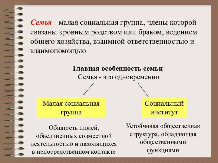 Главная особенность семьи Семья - это одновременно Малая социальная группа