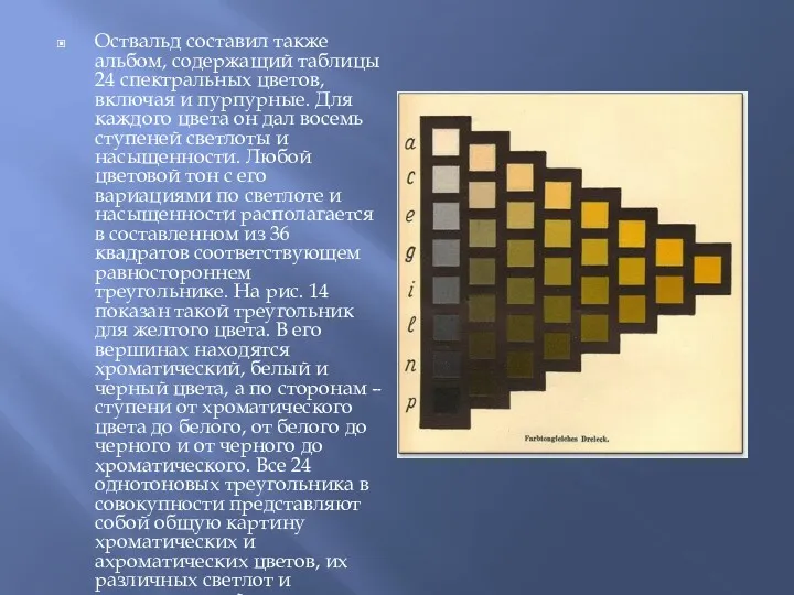 Оствальд составил также альбом, содержащий таблицы 24 спектральных цветов, включая