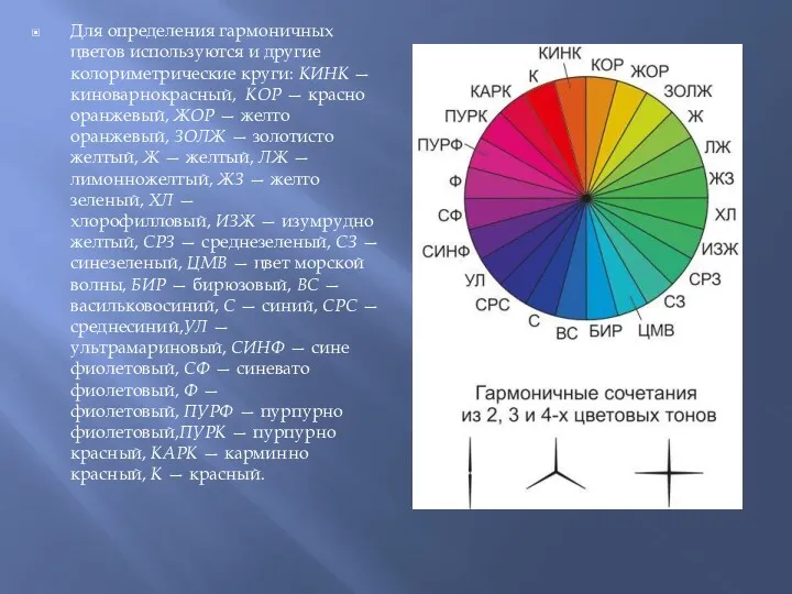 Для определения гармоничных цветов используются и другие колориметрические круги: КИНК