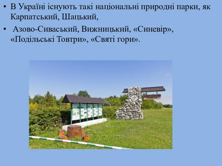 В Україні існують такі національні природні парки, як Карпатський, Шацький,