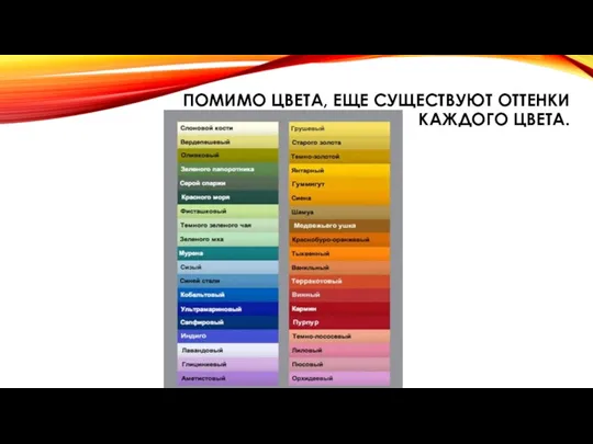 ПОМИМО ЦВЕТА, ЕЩЕ СУЩЕСТВУЮТ ОТТЕНКИ КАЖДОГО ЦВЕТА.