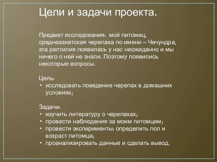 Цели и задачи проекта. Предмет исследования: мой питомец, среднеазиатская черепаха