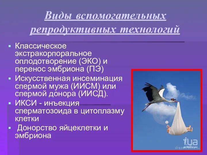 Виды вспомогательных репродуктивных технологий Классическое экстракорпоральное оплодотворение (ЭКО) и перенос