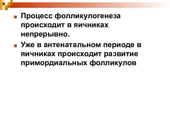 Процесс фолликулогенеза происходит в яичниках непрерывно. Уже в антенатальном периоде в яичниках происходит развитие примордиальных фолликулов