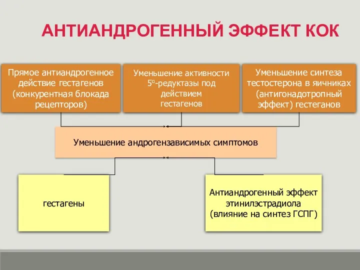 АНТИАНДРОГЕННЫЙ ЭФФЕКТ КОК Прямое антиандрогенное действие гестагенов (конкурентная блокада рецепторов)