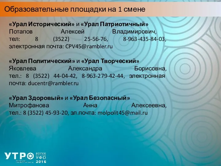 Образовательные площадки на 1 смене «Урал Исторический» и «Урал Патриотичный»