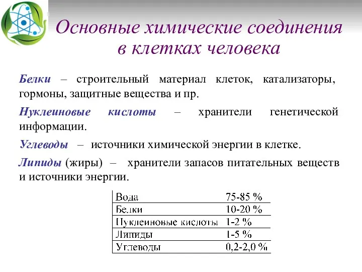 Основные химические соединения в клетках человека Белки – строительный материал