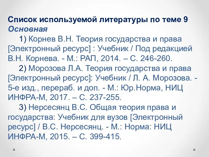 Список используемой литературы по теме 9 Основная 1) Корнев В.Н. Теория государства и