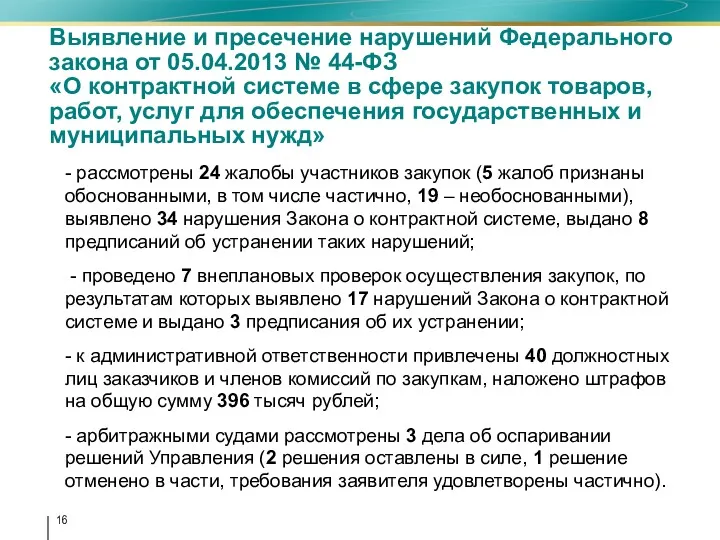 Выявление и пресечение нарушений Федерального закона от 05.04.2013 № 44-ФЗ «О контрактной системе