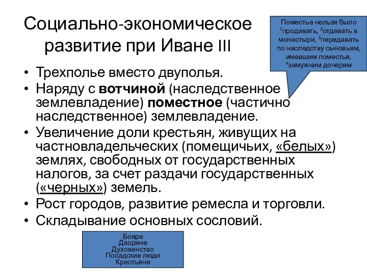 Социально-экономическое развитие при Иване III Трехполье вместо двуполья. Наряду с