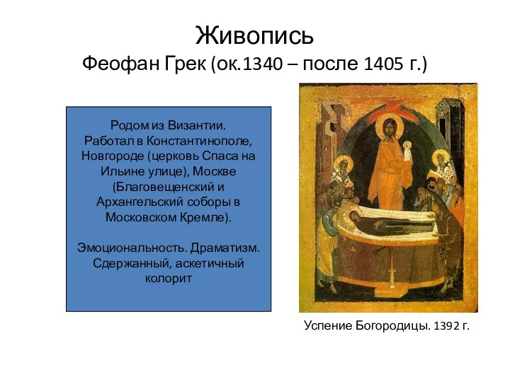 Живопись Феофан Грек (ок.1340 – после 1405 г.) Успение Богородицы.