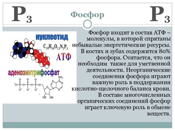 Фосфор Фосфор входит в состав АТФ – молекулы, в которой