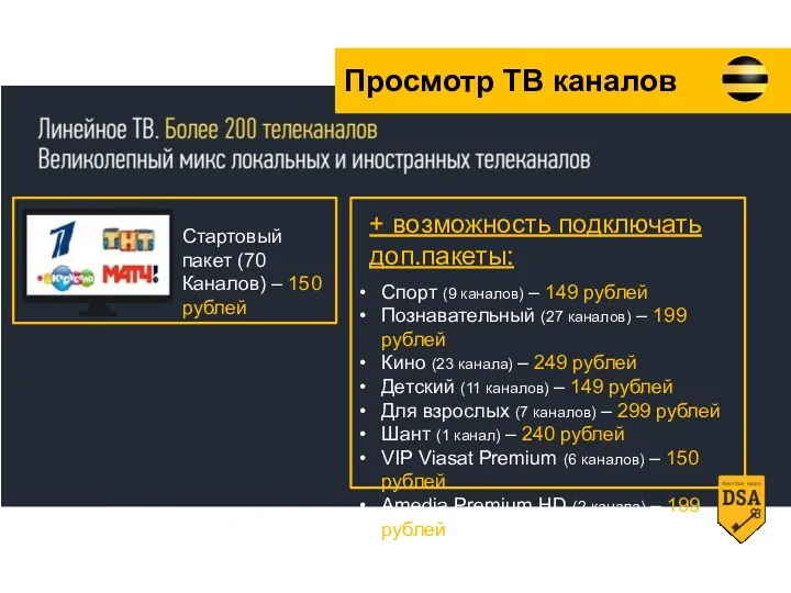 Стартовый пакет (70 Каналов) – 150 рублей + возможность подключать доп.пакеты: Спорт (9