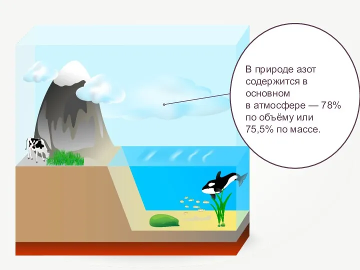 В природе азот содержится в основном в атмосфере — 78% по объёму или 75,5% по массе.