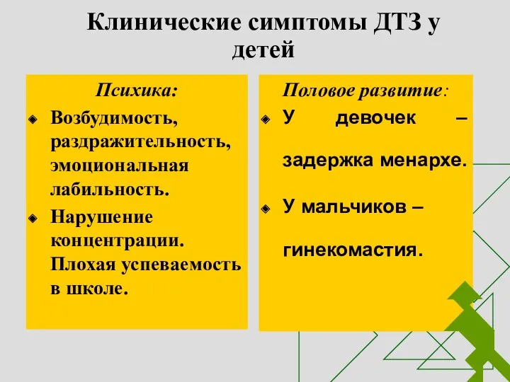 Клинические симптомы ДТЗ у детей Психика: Возбудимость, раздражительность, эмоциональная лабильность.