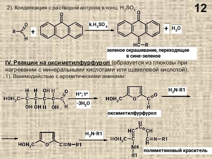 2). Конденсация с раствором антрона в конц. H2SO4: IV. Реакции