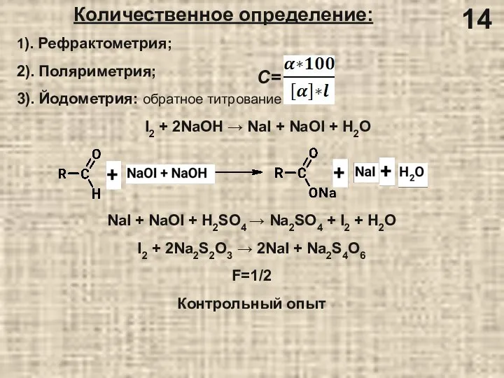 Количественное определение: 1). Рефрактометрия; 2). Поляриметрия; 3). Йодометрия: обратное титрование: