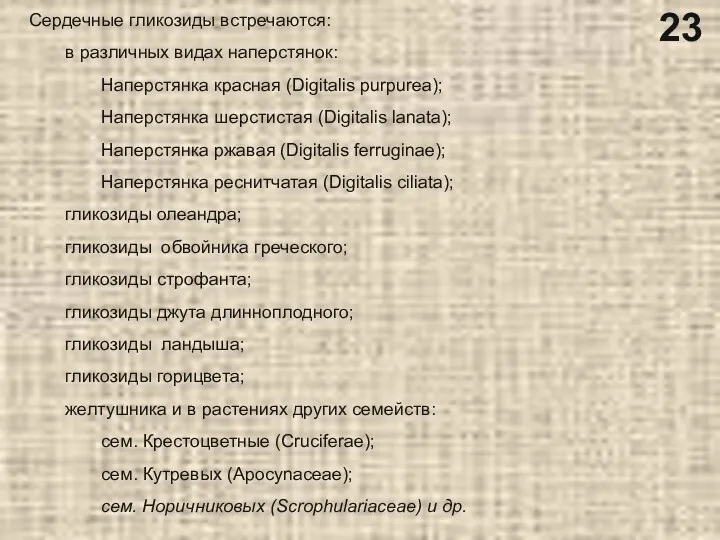 Сердечные гликозиды встречаются: в различных видах наперстянок: Наперстянка красная (Digitalis