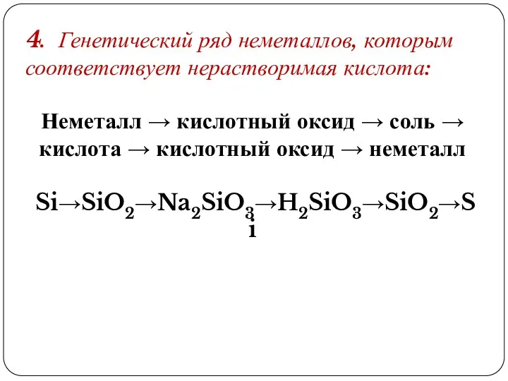 4. Генетический ряд неметаллов, которым соответствует нерастворимая кислота: Неметалл →