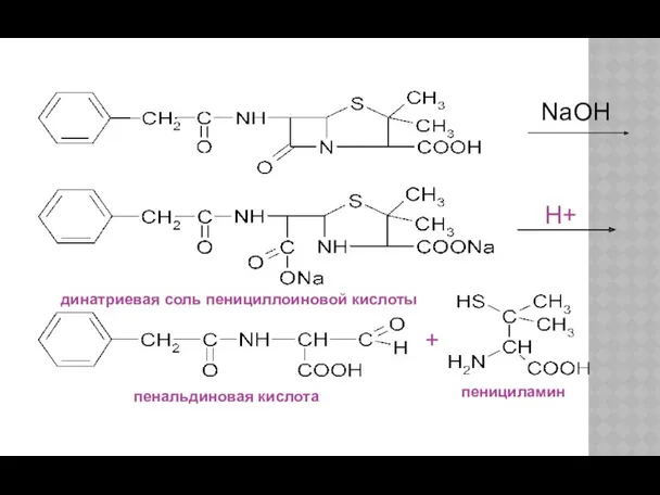 H+ пенициламин пенальдиновая кислота + динатриевая соль пенициллоиновой кислоты NaOH