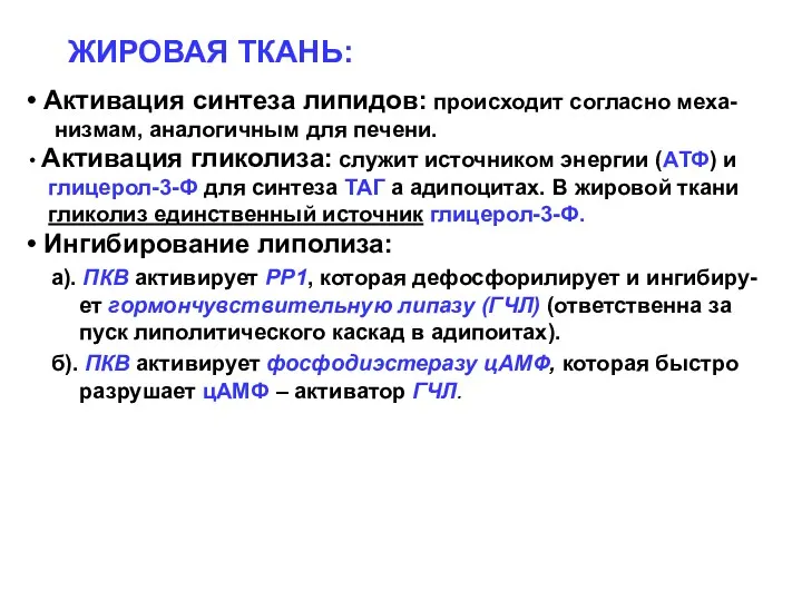 ЖИРОВАЯ ТКАНЬ: Активация синтеза липидов: происходит согласно меха- низмам, аналогичным