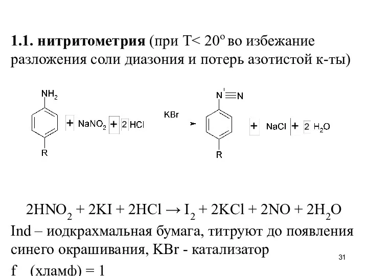 1.1. нитритометрия (при Т 2HNO2 + 2KI + 2HCl →