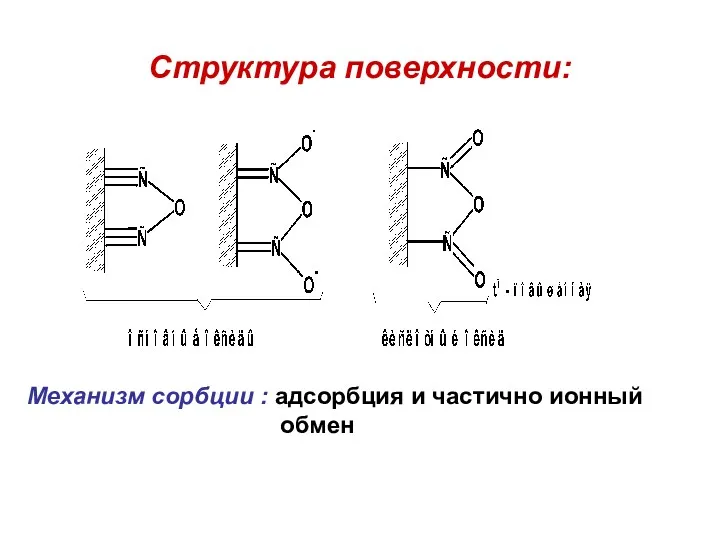 Структура поверхности: Механизм сорбции : адсорбция и частично ионный обмен