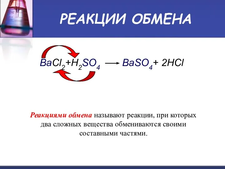 РЕАКЦИИ ОБМЕНА BaCl2+H2SO4 BaSO4+ 2HCl Реакциями обмена называют реакции, при