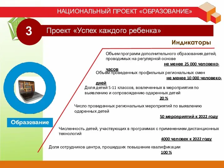 НАЦИОНАЛЬНЫЙ ПРОЕКТ «ОБРАЗОВАНИЕ» Индикаторы Проект «Успех каждого ребенка» 3 Объем