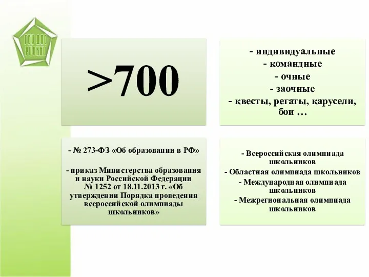 >700 - индивидуальные - командные - очные - заочные -