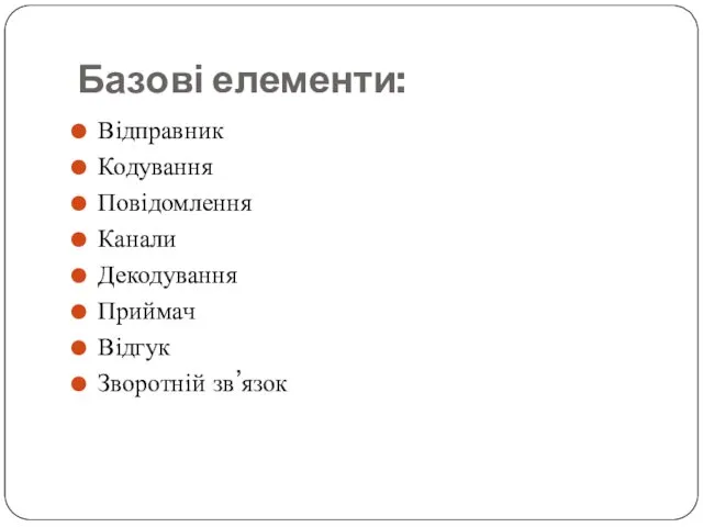 Базові елементи: Відправник Кодування Повідомлення Канали Декодування Приймач Відгук Зворотній зв’язок