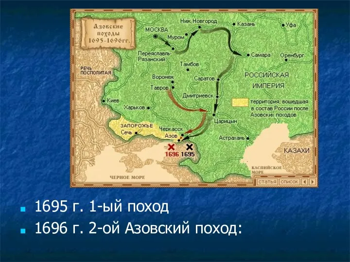 1695 г. 1-ый поход 1696 г. 2-ой Азовский поход: