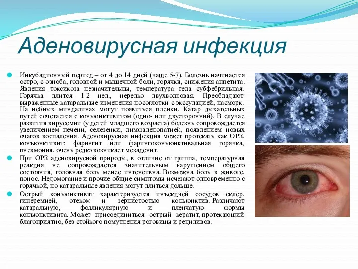 Аденовирусная инфекция Инкубационный период – от 4 до 14 дней