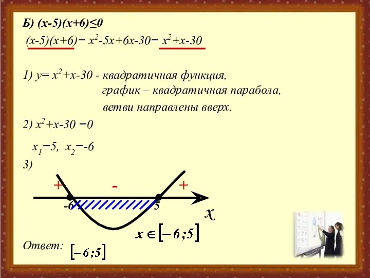 Б) (x-5)(x+6)≤0 (x-5)(x+6)= x2-5x+6x-30= x2+x-30 1) y= x2+x-30 - квадратичная