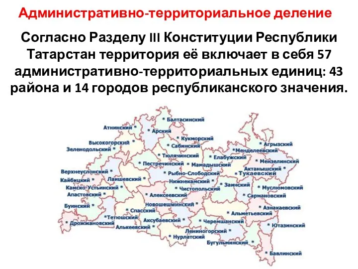 Административно-территориальное деление Согласно Разделу III Конституции Республики Татарстан территория её