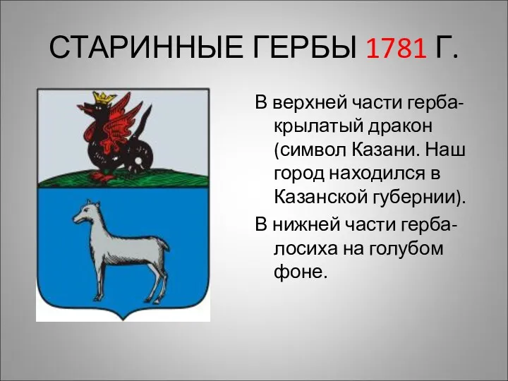 СТАРИННЫЕ ГЕРБЫ 1781 Г. В верхней части герба- крылатый дракон