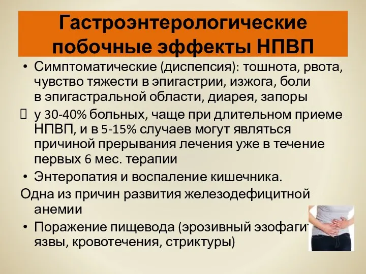 Гастроэнтерологические побочные эффекты НПВП Симптоматические (диспепсия): тошнота, рвота, чувство тяжести