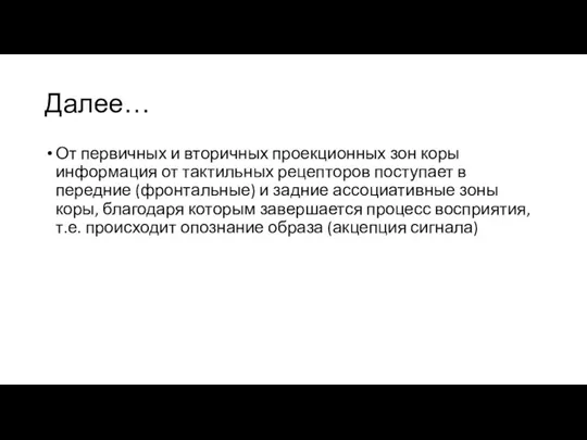 Далее… От первичных и вторичных проекционных зон коры информация от