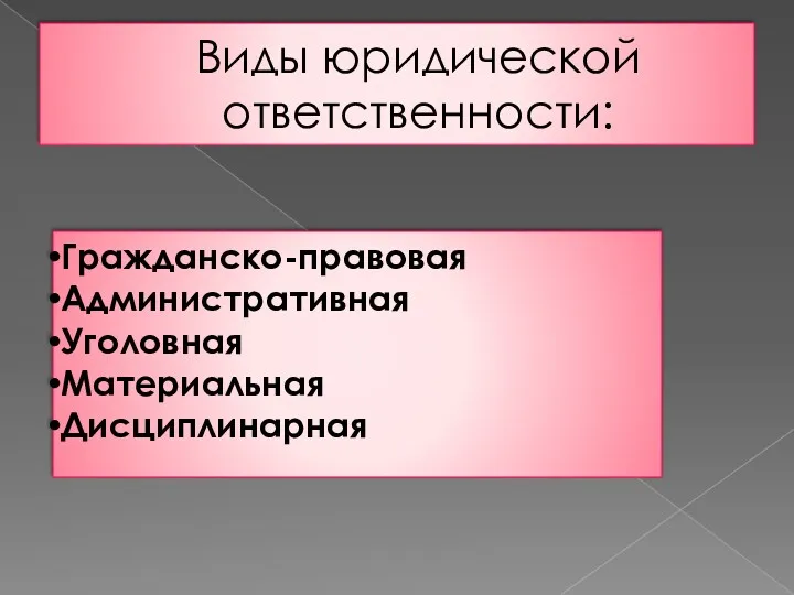 Виды юридической ответственности: Гражданско-правовая Административная Уголовная Материальная Дисциплинарная