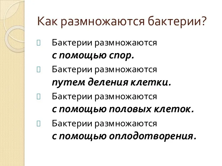 Как размножаются бактерии? Бактерии размножаются с помощью спор. Бактерии размножаются