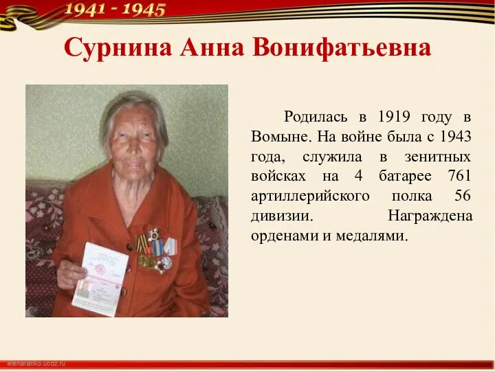 Сурнина Анна Вонифатьевна Родилась в 1919 году в Вомыне. На